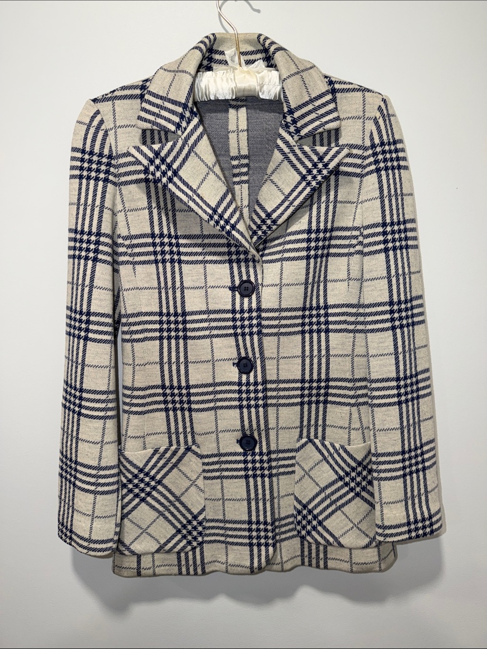 KIMBERLY M Vintage Ivory Navy Houndstooth Plaid Knit Wool Jacket Blazer